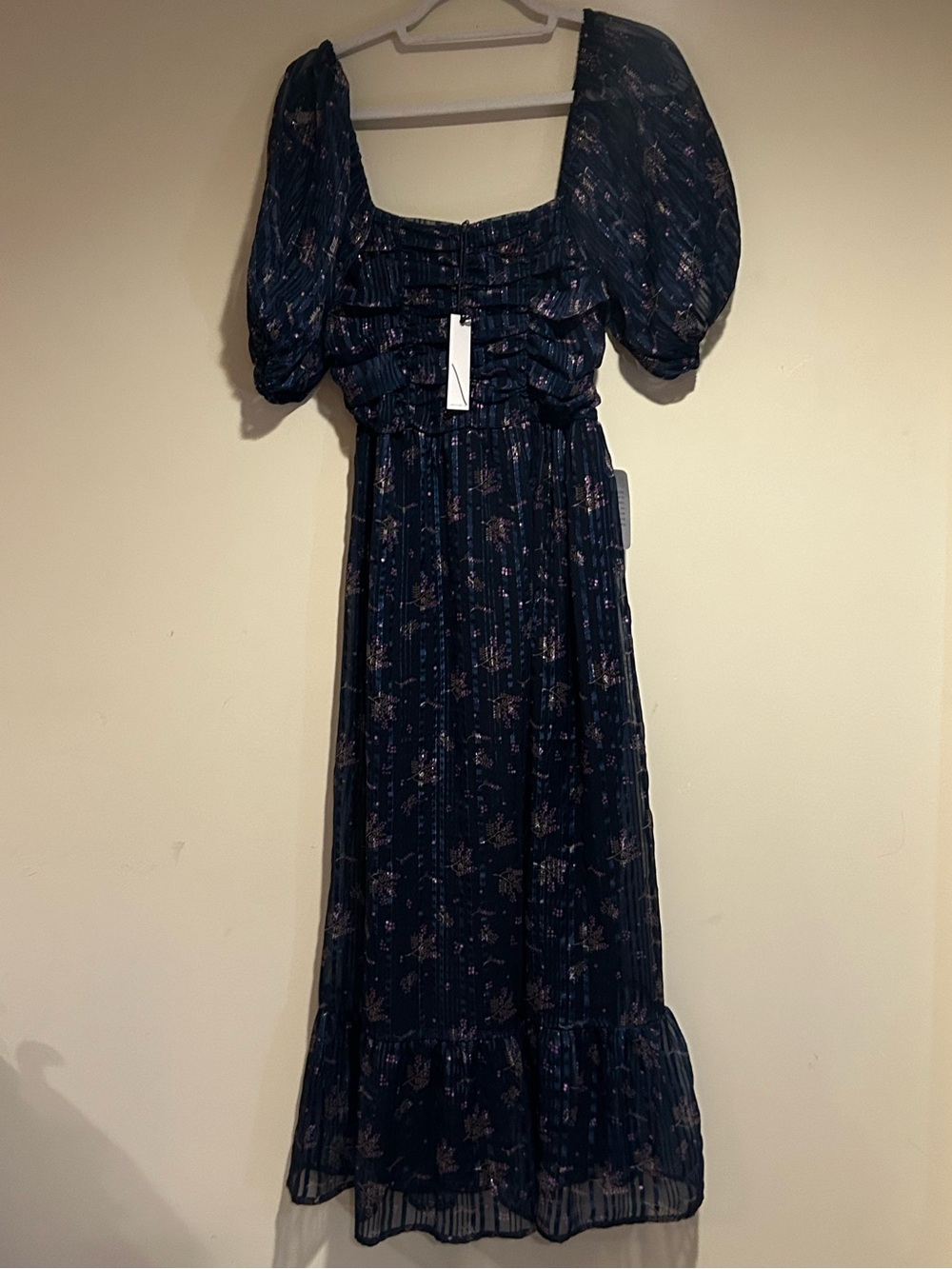 NWT NSR the Label Navy Blue Metallic Floral Puff Sleeve Midi Dress Sz Sm